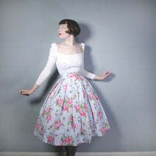 Load image into Gallery viewer, PALE GREY WITH PINK CABBAGE ROSE PRINT HANDMADE 50s SKIRT - 25&quot;