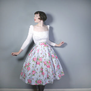PALE GREY WITH PINK CABBAGE ROSE PRINT HANDMADE 50s SKIRT - 25"