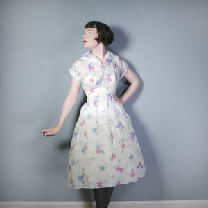 SHEER 50s NOVELTY PRINT WHITE DRESS WITH MUSICAL NOTES AND DANCERS - S-M