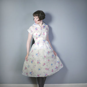 SHEER 50s NOVELTY PRINT WHITE DRESS WITH MUSICAL NOTES AND DANCERS - S-M