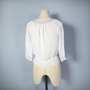 60s HUNGARIAN SHEER EMBROIDERED CREPE FOLK BLOUSE TOP - XS