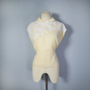 40s SEMI-SHEER PALE YELLOW AND CREAM TWOTONE BLOUSE - L