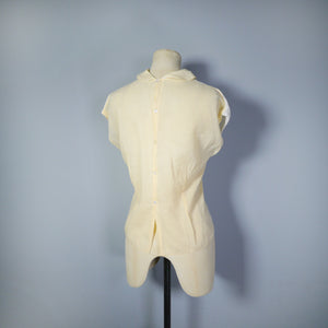 40s SEMI-SHEER PALE YELLOW AND CREAM TWOTONE BLOUSE - L