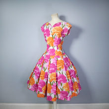 Load image into Gallery viewer, BRILKIE BRIGHT PINK AND ORANGE HUGE CARNATION FLORAL PRINT 50s 60s DRESS - S