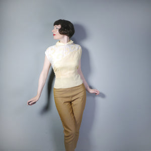 40s SEMI-SHEER PALE YELLOW AND CREAM TWOTONE BLOUSE - L