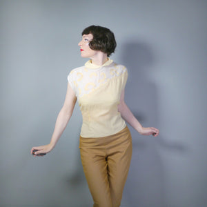 40s SEMI-SHEER PALE YELLOW AND CREAM TWOTONE BLOUSE - L