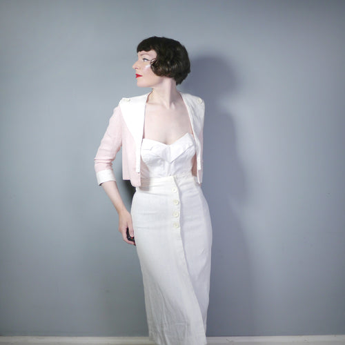 70s does 40s PASTEL PINK AND CREAM 2 PIECE CROPPED JACKET AND SKIRT SET - XS