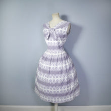 Load image into Gallery viewer, 50s GREY AND WHITE FULL SKIRTED DAY DRESS WITH TIE NECK - M