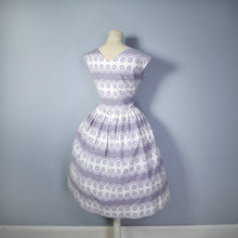 Load image into Gallery viewer, 50s GREY AND WHITE FULL SKIRTED DAY DRESS WITH TIE NECK - M