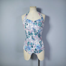 Load image into Gallery viewer, 50s BIG BLUE ROSE FLORAL PRINT SHIRRED COTTON SWIMSUIT - S-M