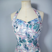 Load image into Gallery viewer, 50s BIG BLUE ROSE FLORAL PRINT SHIRRED COTTON SWIMSUIT - S-M