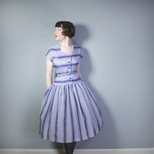 50s DUSKY BLUE-GREY AND BLACK STRIPED DRESS - M