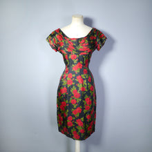 Load image into Gallery viewer, 50s BLACK AND RED FLORAL KAY SEILIG DRAPED WIGGLE DRESS - S