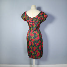 Load image into Gallery viewer, 50s BLACK AND RED FLORAL KAY SEILIG DRAPED WIGGLE DRESS - S