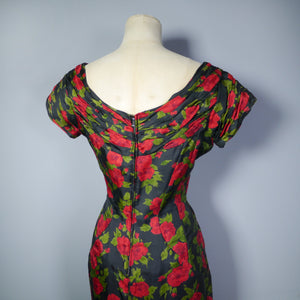 50s BLACK AND RED FLORAL KAY SEILIG DRAPED WIGGLE DRESS - S