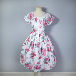 50s RED AND GREY PAINTERLY ROSE PRINT COTTON DRESS - S