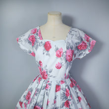 Load image into Gallery viewer, 50s RED AND GREY PAINTERLY ROSE PRINT COTTON DRESS - S