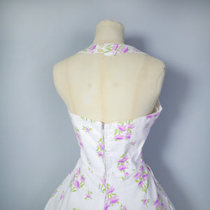 50s BUNNY CASUALS OF MIAMI RHINESTONED FLORAL HALTER FULL SKIRT DRESS - S
