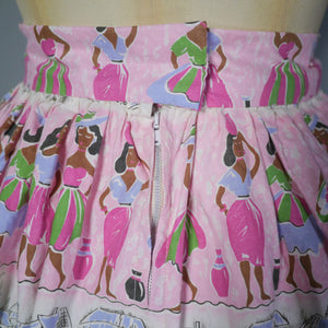 50s PASTEL PINK LADY AND CITYSCAPE BORDER PRINT SKIRT - 28"