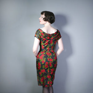 50s BLACK AND RED FLORAL KAY SEILIG DRAPED WIGGLE DRESS - S