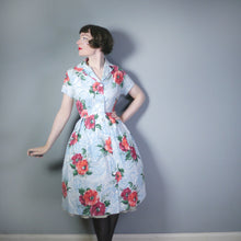 Load image into Gallery viewer, 50s PASTEL BLUE SHIRT DRESS WITH BIG RED FLOWER PRINT - L / VOLUP