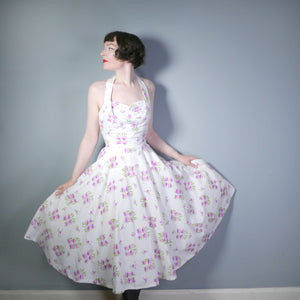 50s BUNNY CASUALS OF MIAMI RHINESTONED FLORAL HALTER FULL SKIRT DRESS - S