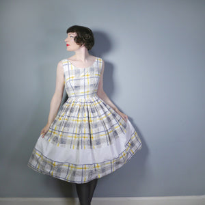 50s 60s YELLOW WHITE AND GREY CHECK COTTON DAY DRESS - S / petite