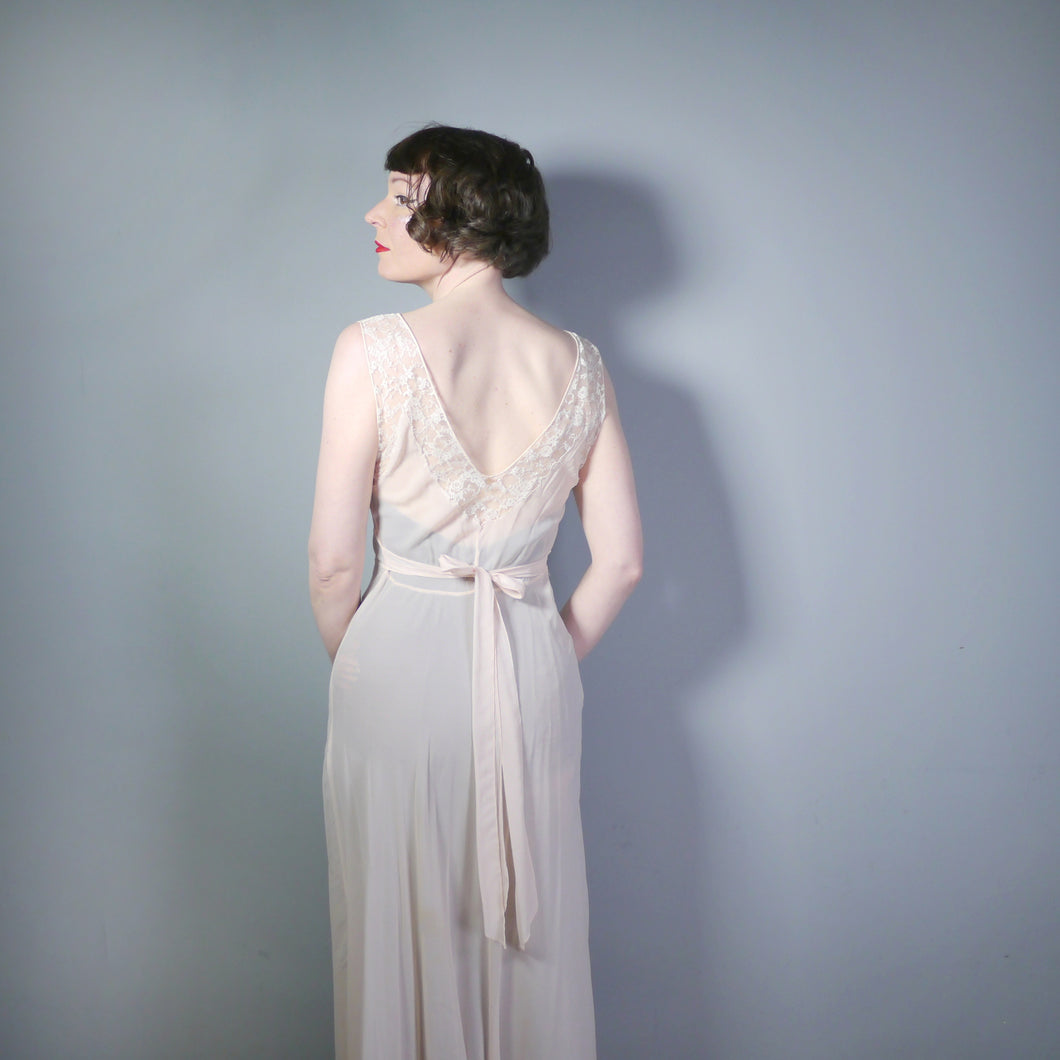 60s PASTEL PEACH / PINK SHEER LACE NIGHTGOWN / LONG SLIP - XS