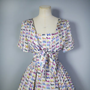 50s SILKY NOVELTY CAR PRINT DRESS WITH FULL SKIRT AND SCARF TIE NECK - XS-S