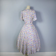 Load image into Gallery viewer, 50s SILKY NOVELTY CAR PRINT DRESS WITH FULL SKIRT AND SCARF TIE NECK - XS-S