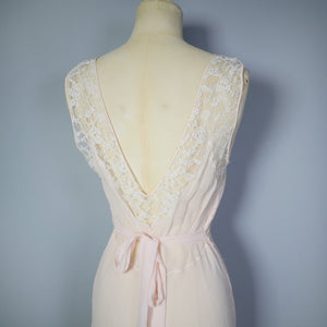 60s PASTEL PEACH / PINK SHEER LACE NIGHTGOWN / LONG SLIP - XS