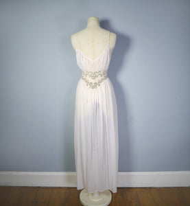 60s SHEER PINK NYLON GRECIAN SLIP WITH GATHERED EMPIRE BUST AND FLOCKING - XS-S