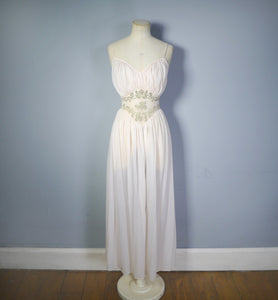 60s SHEER PINK NYLON GRECIAN SLIP WITH GATHERED EMPIRE BUST AND FLOCKING - XS-S