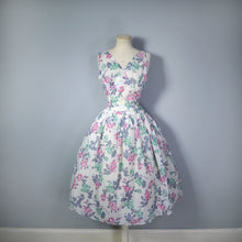 Load image into Gallery viewer, 50s FULL SKIRTED SEMI SHEER NYLON DRESS WITH ROMANTIC ROSE PRINT - S