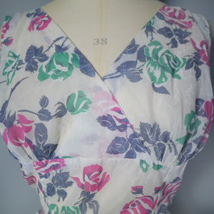 50s FULL SKIRTED SEMI SHEER NYLON DRESS WITH ROMANTIC ROSE PRINT - S