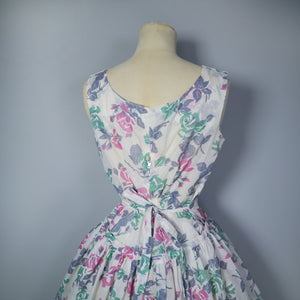 50s FULL SKIRTED SEMI SHEER NYLON DRESS WITH ROMANTIC ROSE PRINT - S