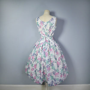 50s FULL SKIRTED SEMI SHEER NYLON DRESS WITH ROMANTIC ROSE PRINT - S