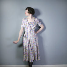 Load image into Gallery viewer, 50s SILKY NOVELTY CAR PRINT DRESS WITH FULL SKIRT AND SCARF TIE NECK - XS-S