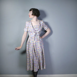 50s SILKY NOVELTY CAR PRINT DRESS WITH FULL SKIRT AND SCARF TIE NECK - XS-S