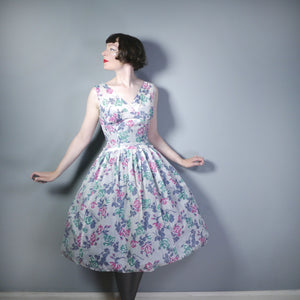 50s FULL SKIRTED SEMI SHEER NYLON DRESS WITH ROMANTIC ROSE PRINT - S