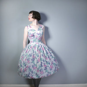 50s FULL SKIRTED SEMI SHEER NYLON DRESS WITH ROMANTIC ROSE PRINT - S