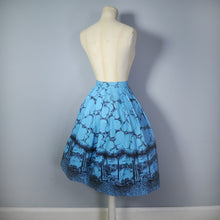 Load image into Gallery viewer, 50s 60s BLUE AND BLACK NOVELTY BORDER VENICE CITYSCAPE PRINT FULL SKIRT - 24-25&quot;