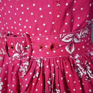 ROMANTIC RED AND WHITE POLKA DOT AND ROSE PRINT 50s DRESS - S