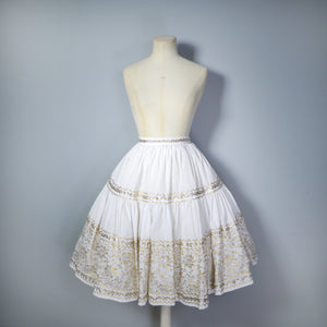 50s WHITE AND METALLIC GOLD / SILVER LACE PATIO SKIRT AND BLOUSE DRESS SET - XS-S