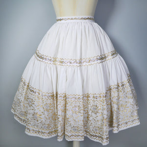 50s WHITE AND METALLIC GOLD / SILVER LACE PATIO SKIRT AND BLOUSE DRESS SET - XS-S