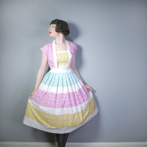 50s 60s BETTY BARCLAY PASTEL WEAVE PRINT COTTON SUN DRESS AND BOLERO - XS