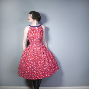 50s RED NOVELTY APPLE PRINT COTTON DRESS WITH FULL SKIRT - S