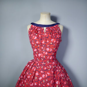 50s RED NOVELTY APPLE PRINT COTTON DRESS WITH FULL SKIRT - S