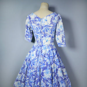 50s BLUE WHITE FLORAL CORDUROY FULL SKIRTED DAY DRESS - XS / petite fit