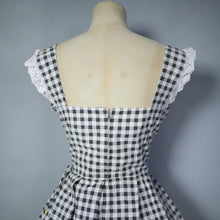 Load image into Gallery viewer, 60s BLACK AND WHITE CHECK DRESS WITH LACE TRIM AND FLORAL BORDER PRINT - S-M